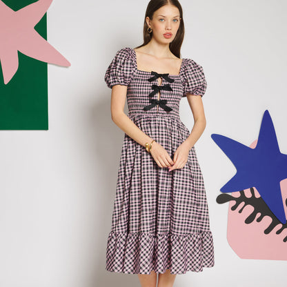 Sister Jane Vence Check Bow Midi One-Piece シスター ジェーン ヴァンス チェック ボウ ミディ ワンピース 34SJ01DR2556PNK【レディース ワンピース シャーリング パフスリーブ ガーリー チェック柄 26FW】