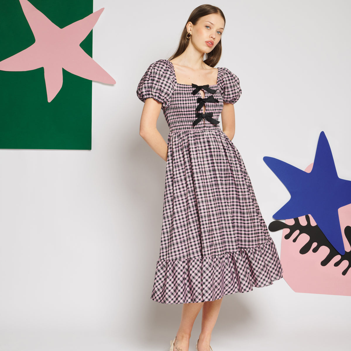 Sister Jane Vence Check Bow Midi One-Piece シスター ジェーン ヴァンス チェック ボウ ミディ ワンピース 34SJ01DR2556PNK【レディース ワンピース シャーリング パフスリーブ ガーリー チェック柄 26FW】