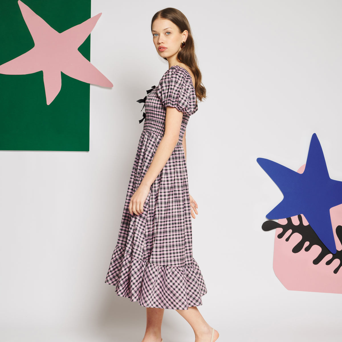 Sister Jane Vence Check Bow Midi One-Piece シスター ジェーン ヴァンス チェック ボウ ミディ ワンピース 34SJ01DR2556PNK【レディース ワンピース シャーリング パフスリーブ ガーリー チェック柄 26FW】