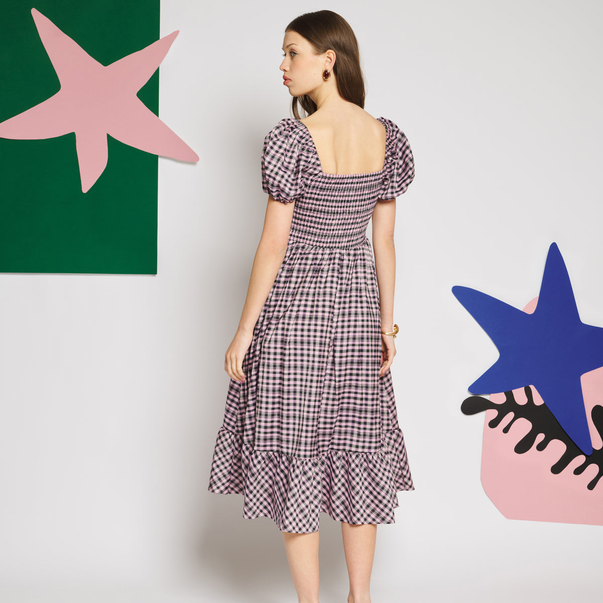 Sister Jane Vence Check Bow Midi One-Piece シスター ジェーン ヴァンス チェック ボウ ミディ ワンピース 34SJ01DR2556PNK【レディース ワンピース シャーリング パフスリーブ ガーリー チェック柄 26FW】