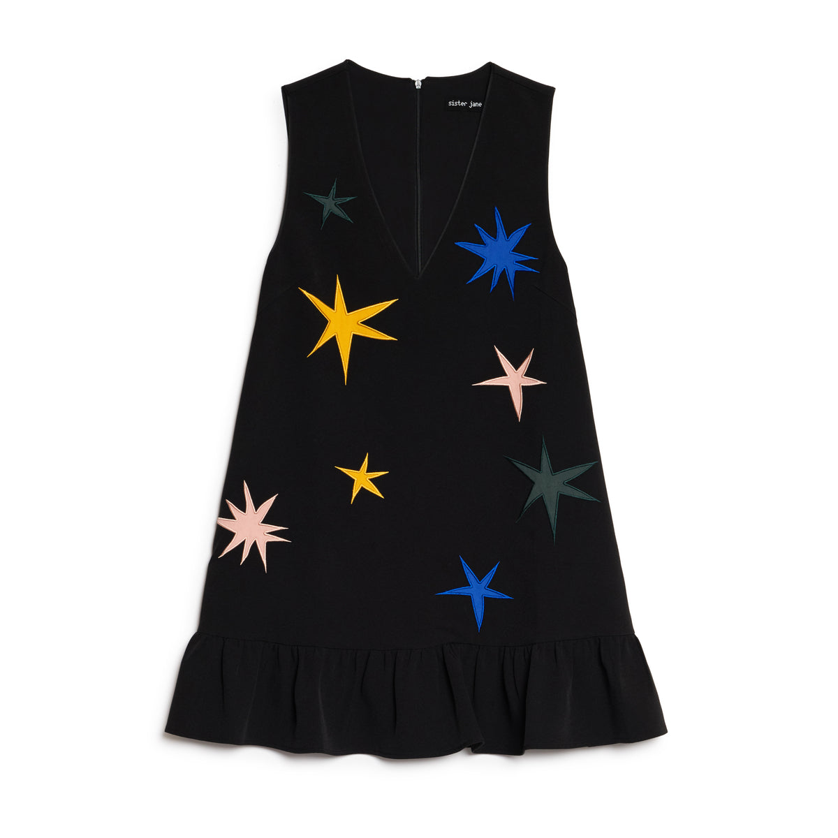 Sister Jane Rayon Applique Mini One-Piece シスター ジェーン レイヨン アップリケ ミニ ワンピース 34SJ01DR2574BLK【レディース ミニワンピース Vネック アップリケ 刺繍 星柄 26FW】