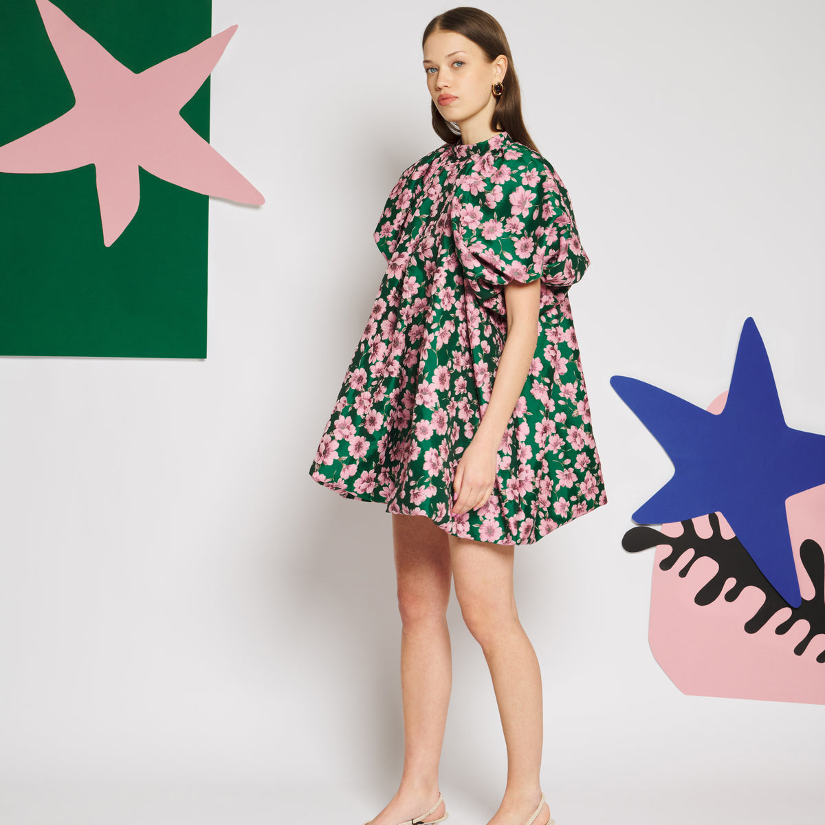 Sister Jane Colette Jacquard Bubble One-Piece シスター ジェーン コレット ジャカード バブル ワンピース 34SJ01DR2576GRN【レディース ミニワンピース パフスリーブ オーバーサイズ 花柄 26FW】