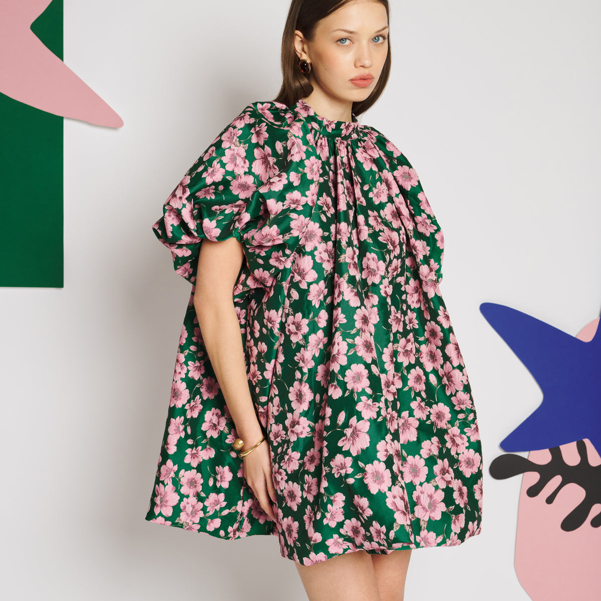Sister Jane Colette Jacquard Bubble One-Piece シスター ジェーン コレット ジャカード バブル ワンピース 34SJ01DR2576GRN【レディース ミニワンピース パフスリーブ オーバーサイズ 花柄 26FW】