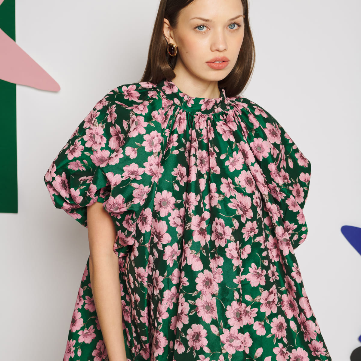Sister Jane Colette Jacquard Bubble One-Piece シスター ジェーン コレット ジャカード バブル ワンピース 34SJ01DR2576GRN【レディース ミニワンピース パフスリーブ オーバーサイズ 花柄 26FW】