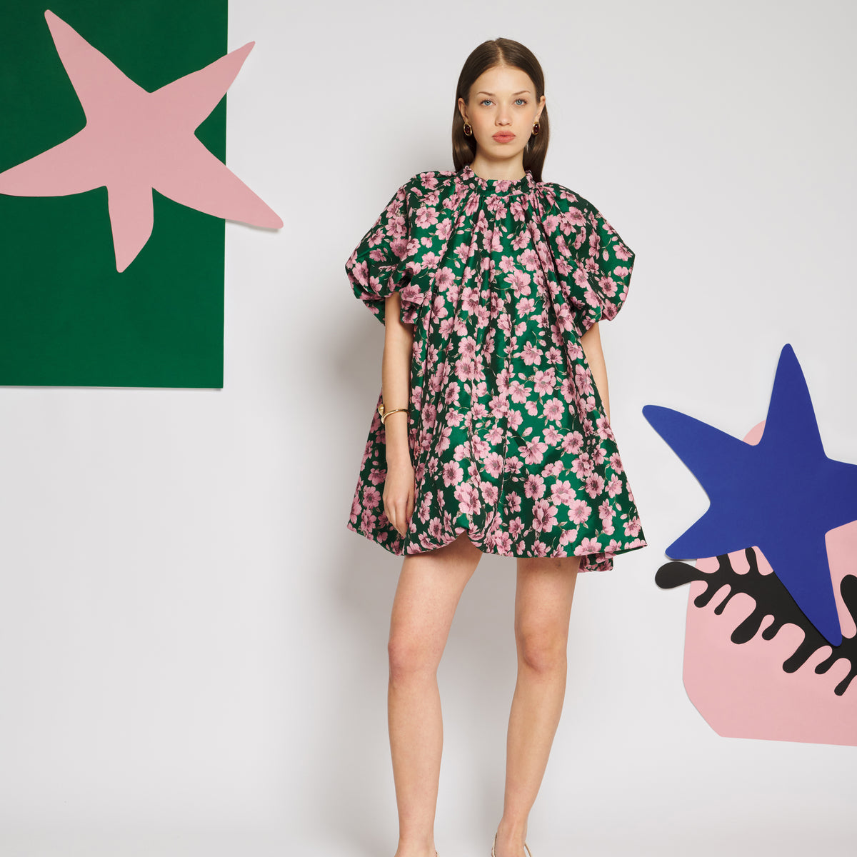 Sister Jane Colette Jacquard Bubble One-Piece シスター ジェーン コレット ジャカード バブル ワンピース 34SJ01DR2576GRN【レディース ミニワンピース パフスリーブ オーバーサイズ 花柄 26FW】