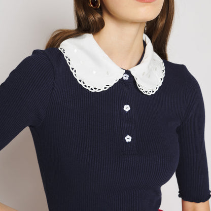 Sister Jane Elise Polo Tops シスター ジェーン エリーズ ポロ トップス 34SJ01TO653NVY【レディース ポロニット 刺繍 ガーリー 上品  デイリーユース 26FW】