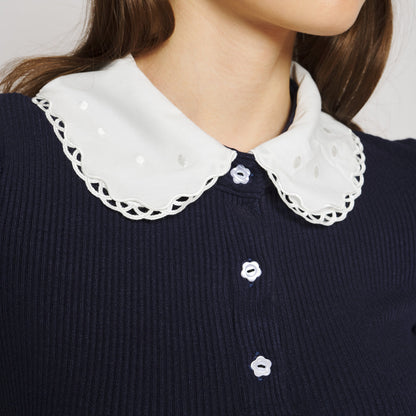 Sister Jane Elise Polo Tops シスター ジェーン エリーズ ポロ トップス 34SJ01TO653NVY【レディース ポロニット 刺繍 ガーリー 上品  デイリーユース 26FW】