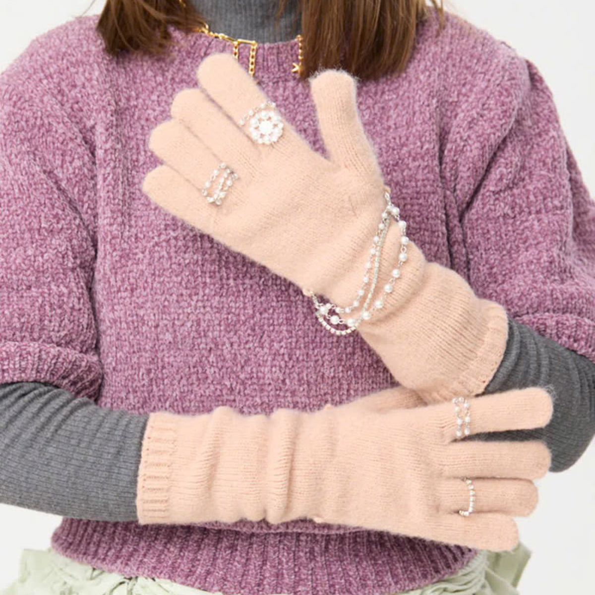 Casselini Knit Bijou Gloves キャセリーニ ニットビジューグローブ 262-112208【レディース 手袋 防寒性 真冬 ガーリー デイリーユース 26FW】