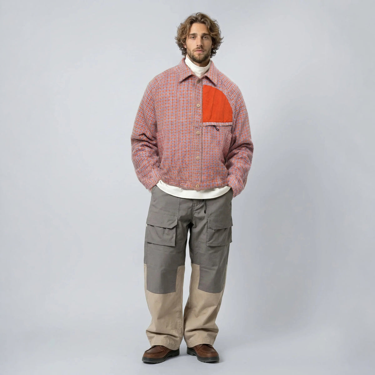 wfeld Wool-Nylon Tweed Short Shirt Jacket フェルド ウールナイロン ツイード ショート シャツジャケット WF-26AW-WLD-JK06【メンズ チェック柄 ショート丈 パッチポケット カジュアル デイリーユース 26FW】