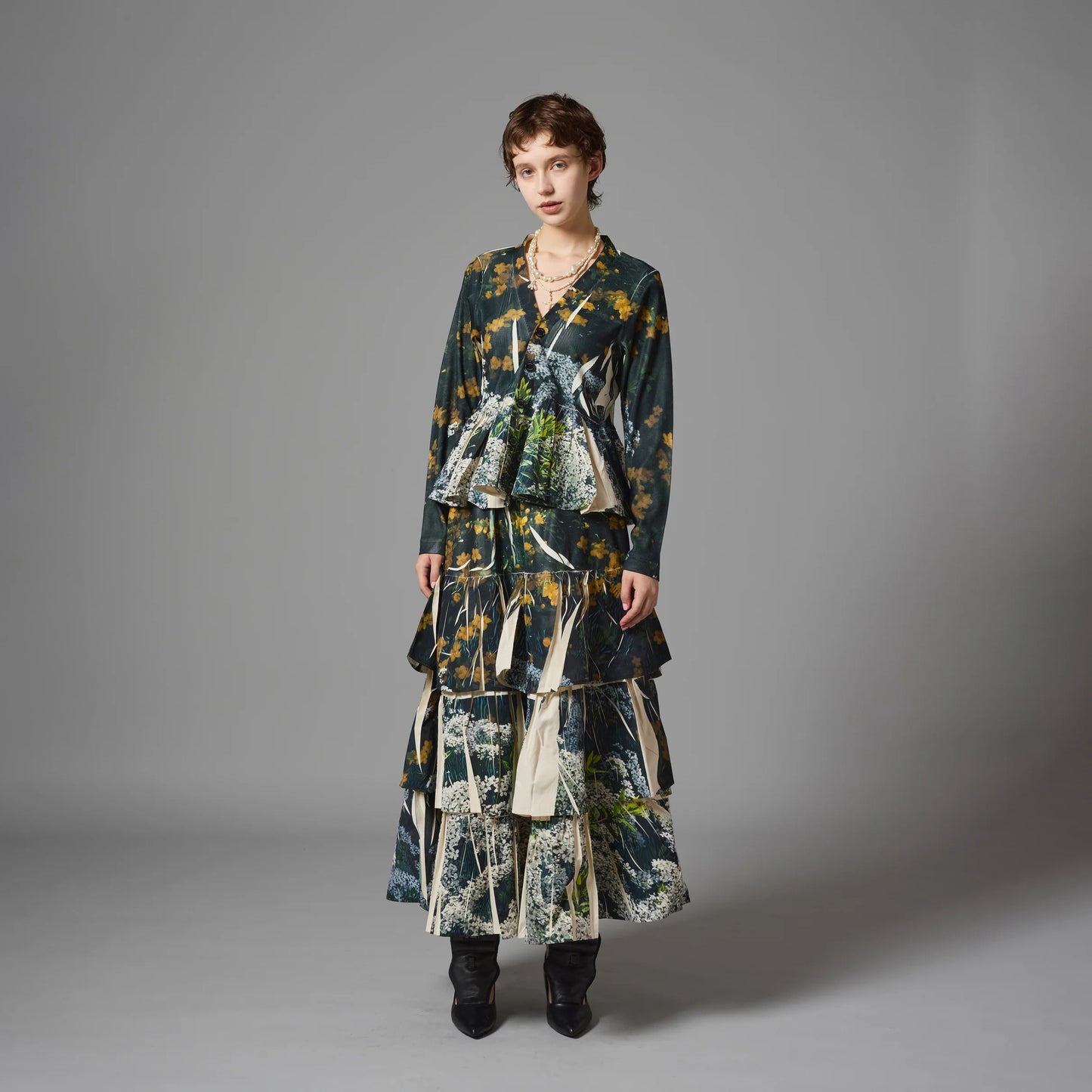 DIRECT PRINT RIB GATHER LONG SKIRT
