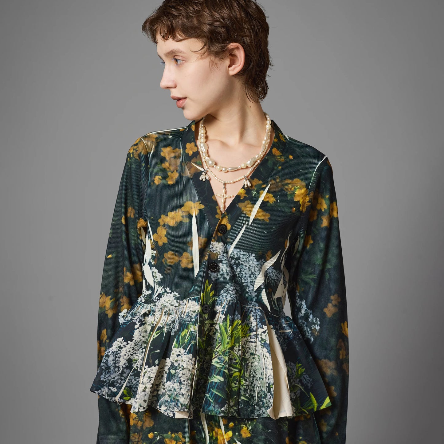 DIRECT PRINT RIB GATHER CARDIGAN